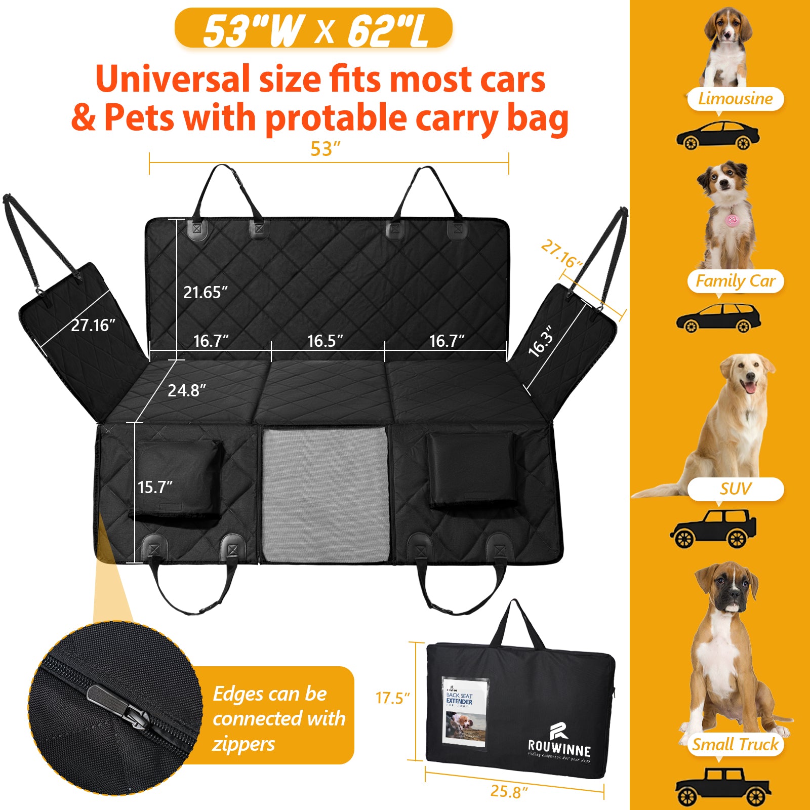 Back Seat Extender for Dogs-Large Space, Dog Car Seat Cover Hard Bottom Holds 420lbs, Sturdy Backseat Extender for Dogs,Upgraded Waterproof Pet Car Bed Dog Hammock for Car, SUV,Truck, Black