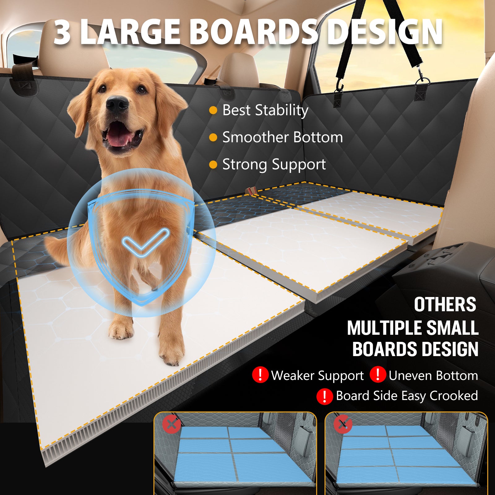 Back Seat Extender for Dogs-Large Space, Dog Car Seat Cover Hard Bottom Holds 420lbs, Sturdy Backseat Extender for Dogs,Upgraded Waterproof Pet Car Bed Dog Hammock for Car, SUV,Truck, Black